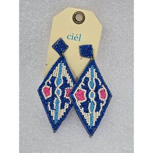 Beaded Blue & White Diamond Statement Earrings By Ciel